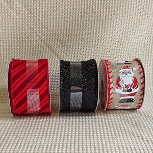 Ashland Christmas Set of 3‎ Wired Ribbons - Glittery Black, Striped Red & Santa